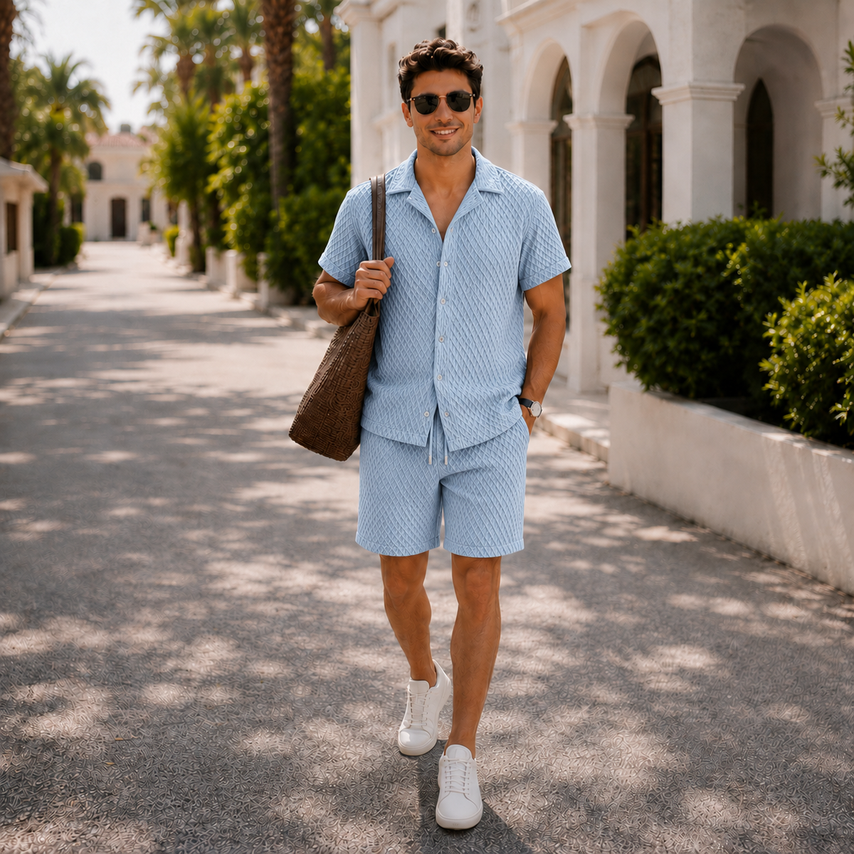 The Cassius Set - Diamond-jacquard weave shirt with matching drawstring shorts