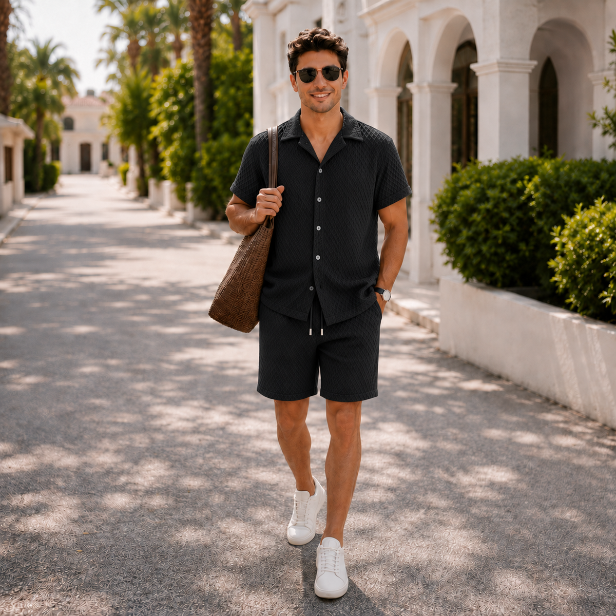 The Cassius Set - Diamond-jacquard weave shirt with matching drawstring shorts