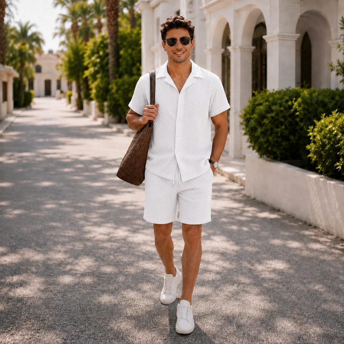 The Cassius Set - Diamond-jacquard weave shirt with matching drawstring shorts