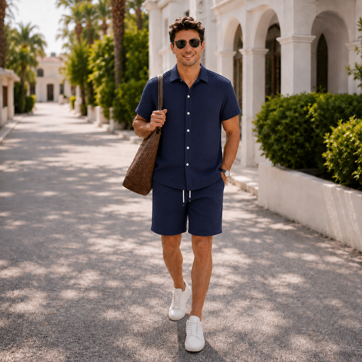 The Cassius Set - Diamond-jacquard weave shirt with matching drawstring shorts