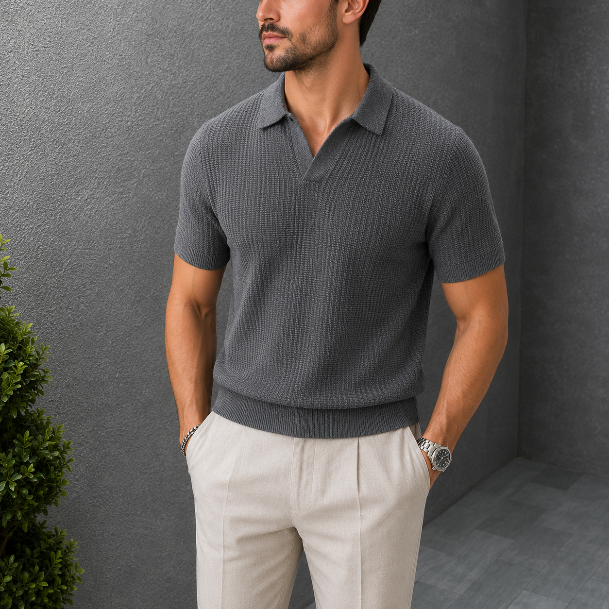The Sutton Polo - a finely woven waffle-knit polo in breathable ice-silk blend
