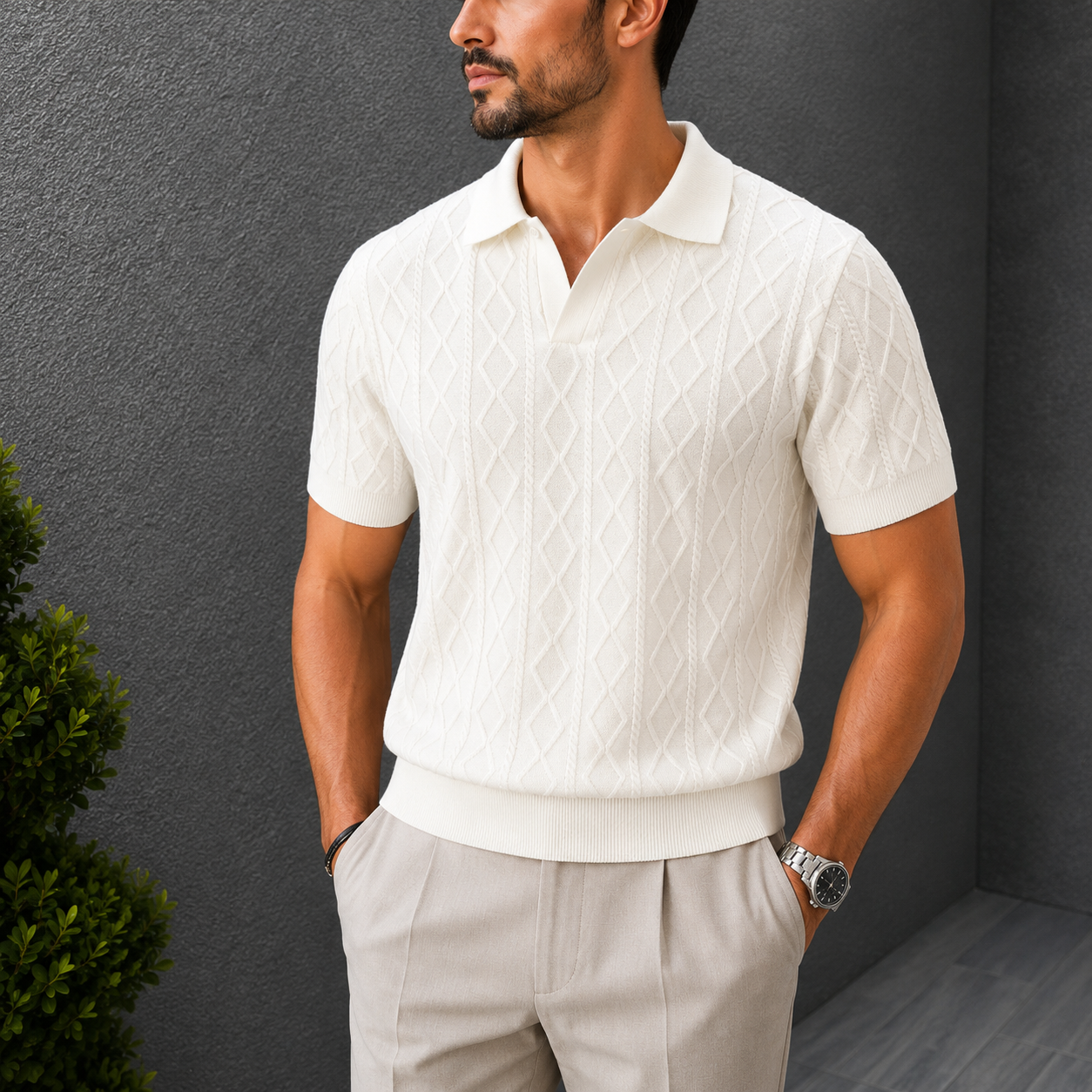 The Whitfield Polo - a richly textured cable-knit polo with a zip placket V-neck