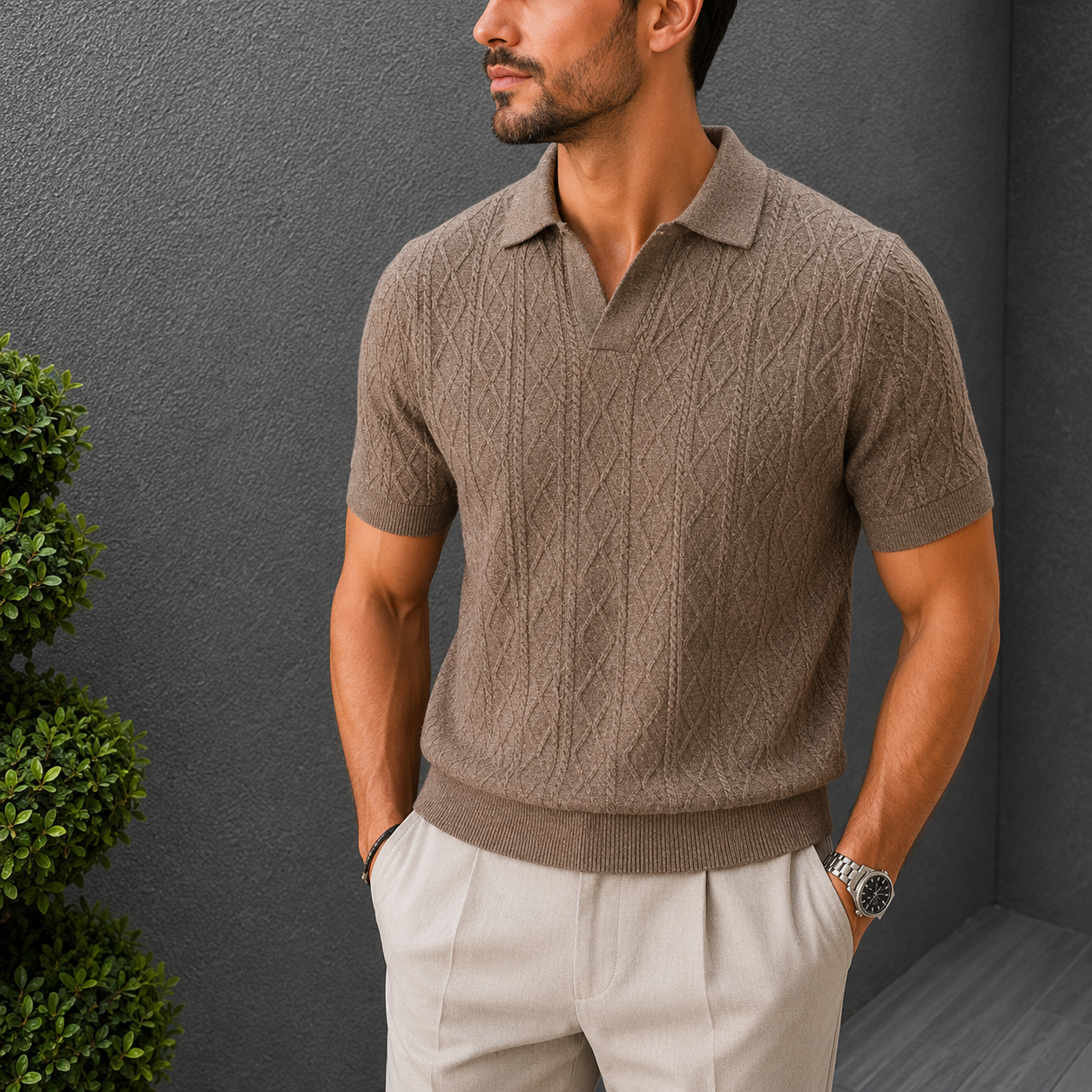 The Whitfield Polo - a richly textured cable-knit polo with a zip placket V-neck