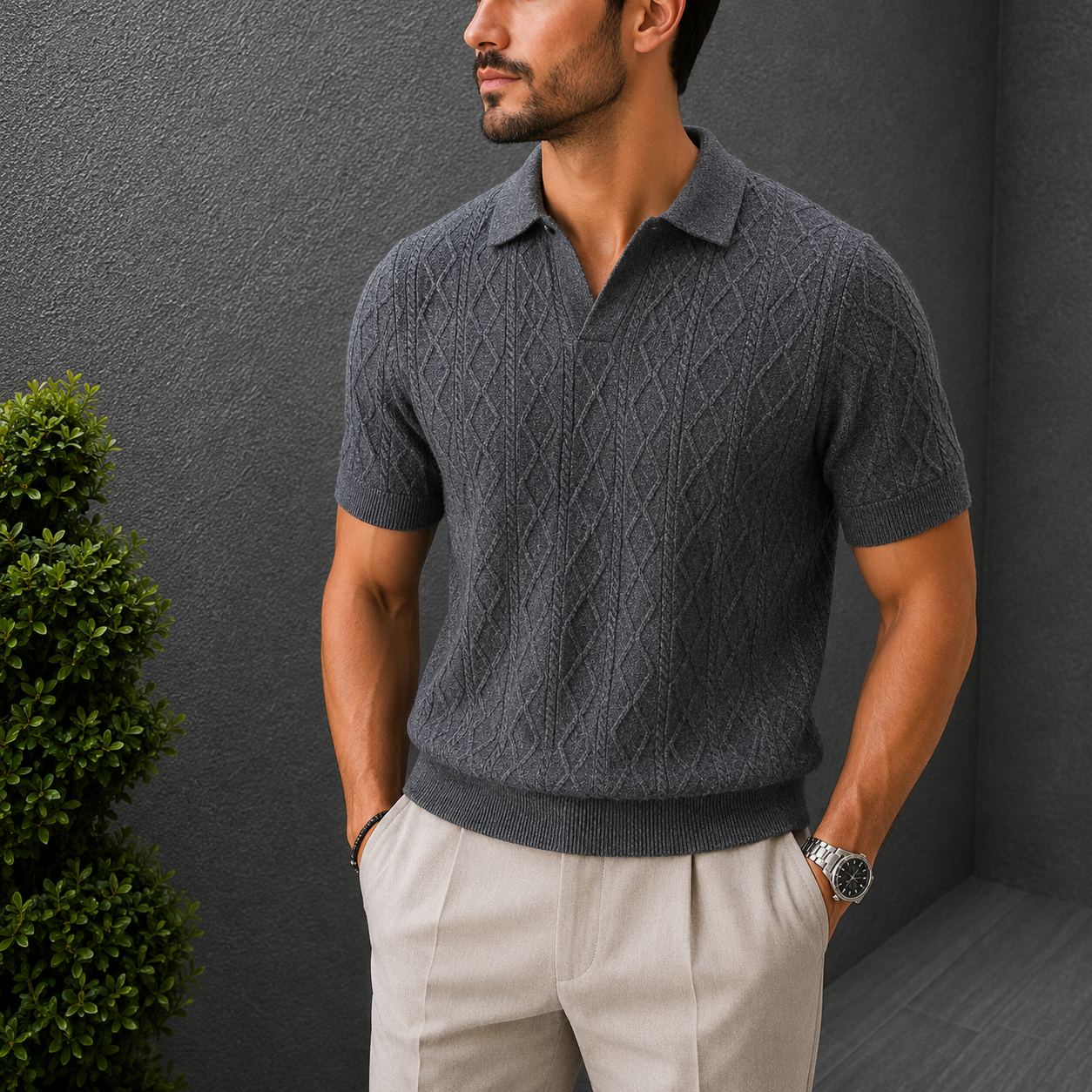 The Whitfield Polo - a richly textured cable-knit polo with a zip placket V-neck