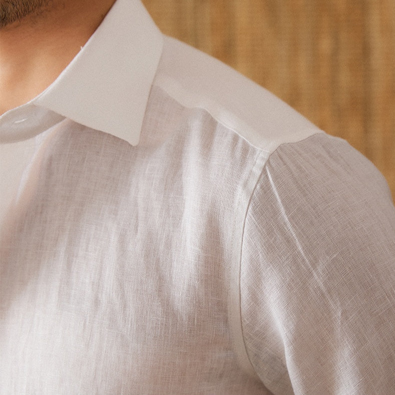Close-up of linen weave and collar — cloth detail