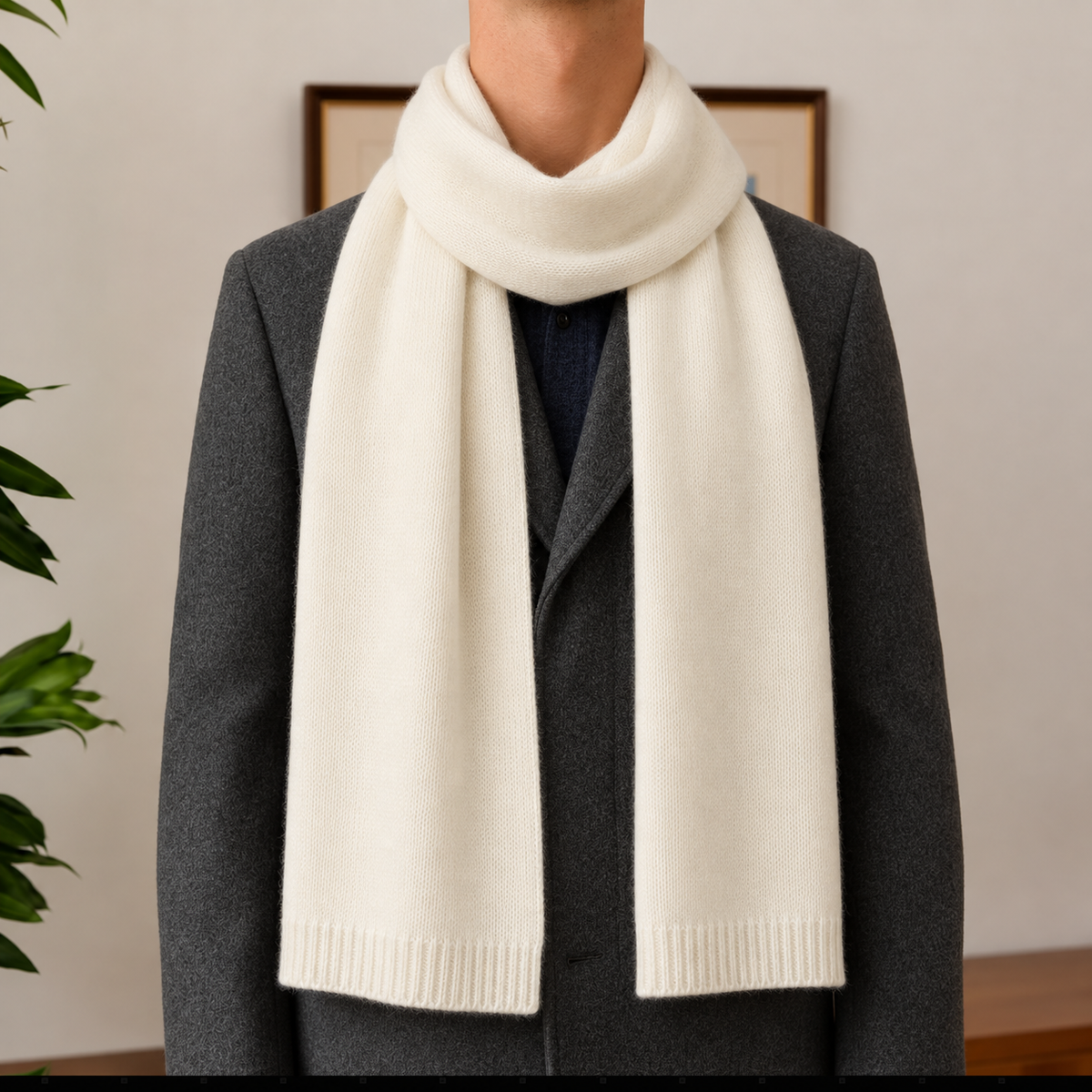 The Cranleigh Cashmere Scarf in Ivory worn over a graphite coat