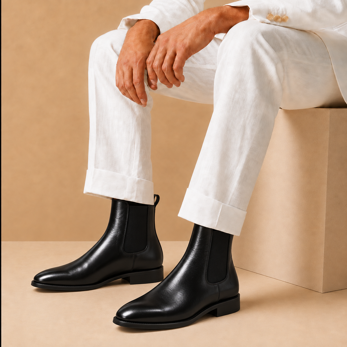 The Harlow Chelsea Boot in Black worn with white trousers