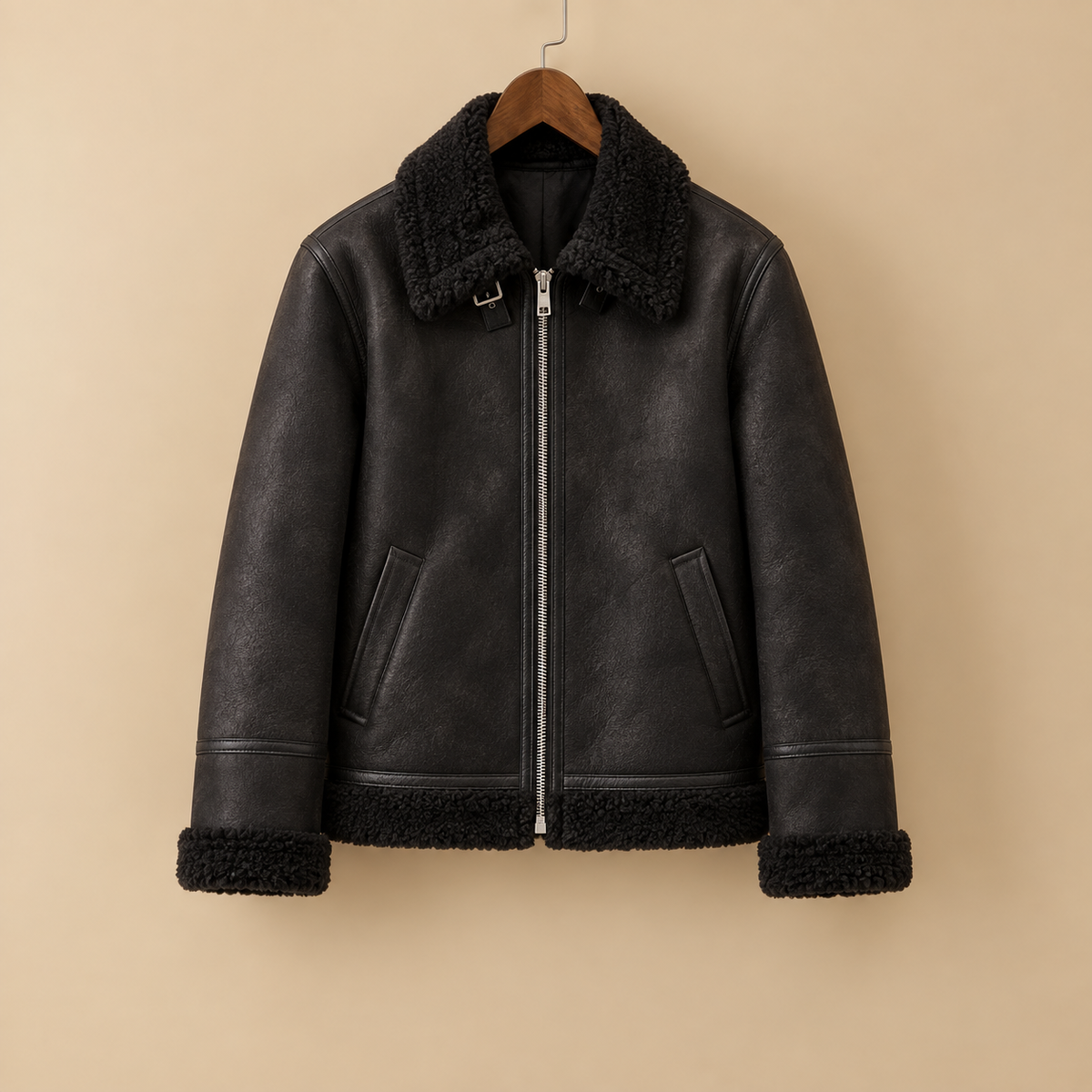 The Stratton Stand-Collar Coat in Black on a hanger