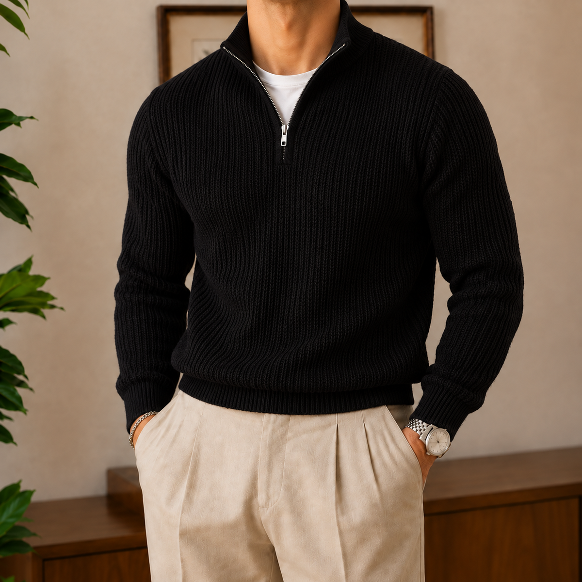 The Penrith Half-Zip Sweater in Black worn on model
