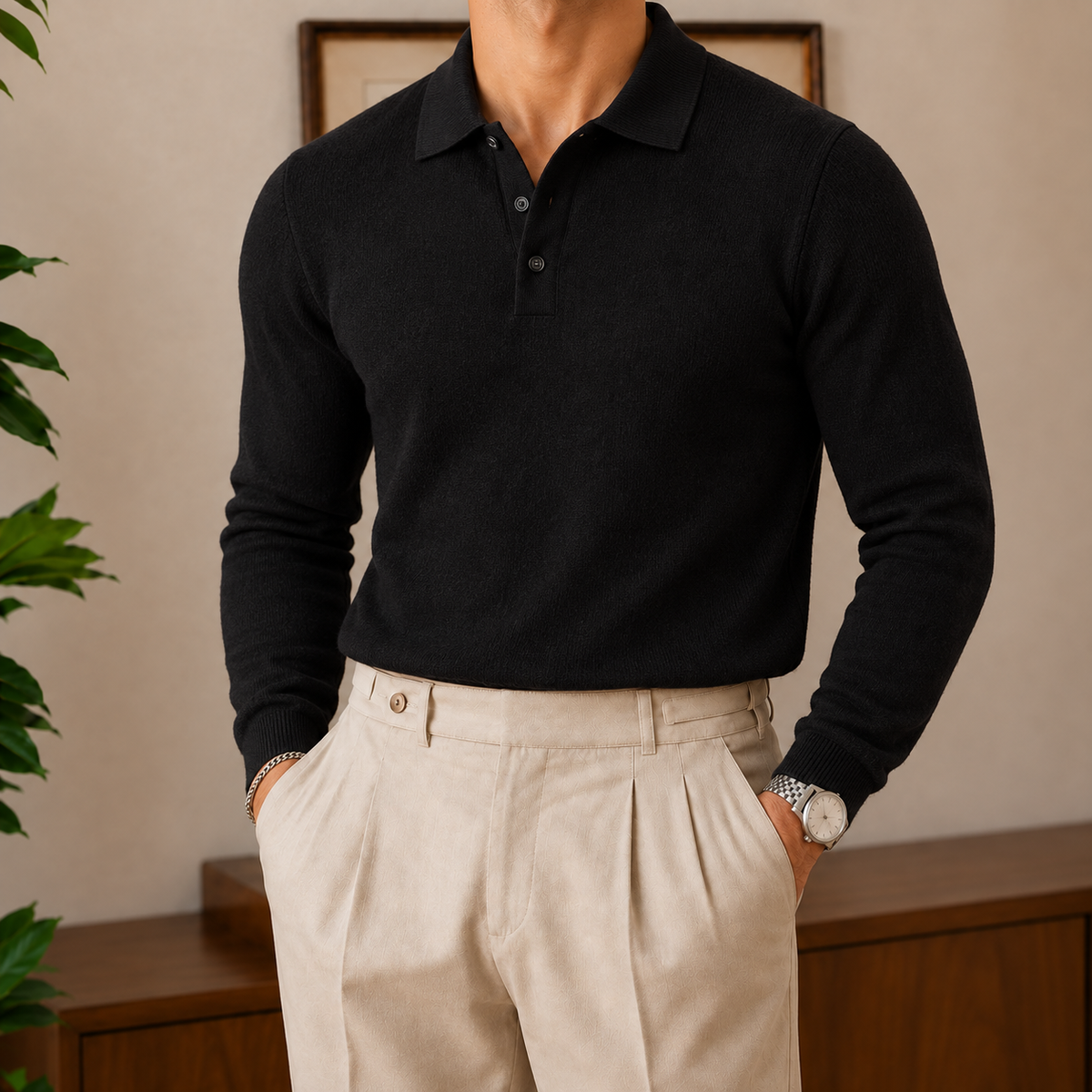 The Aldridge Hooded Sweater in Black worn on model