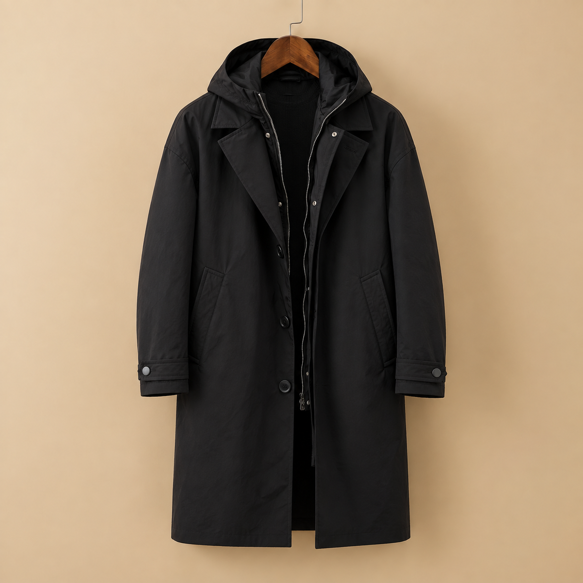 The Langdale Hooded Parka in Black on a hanger