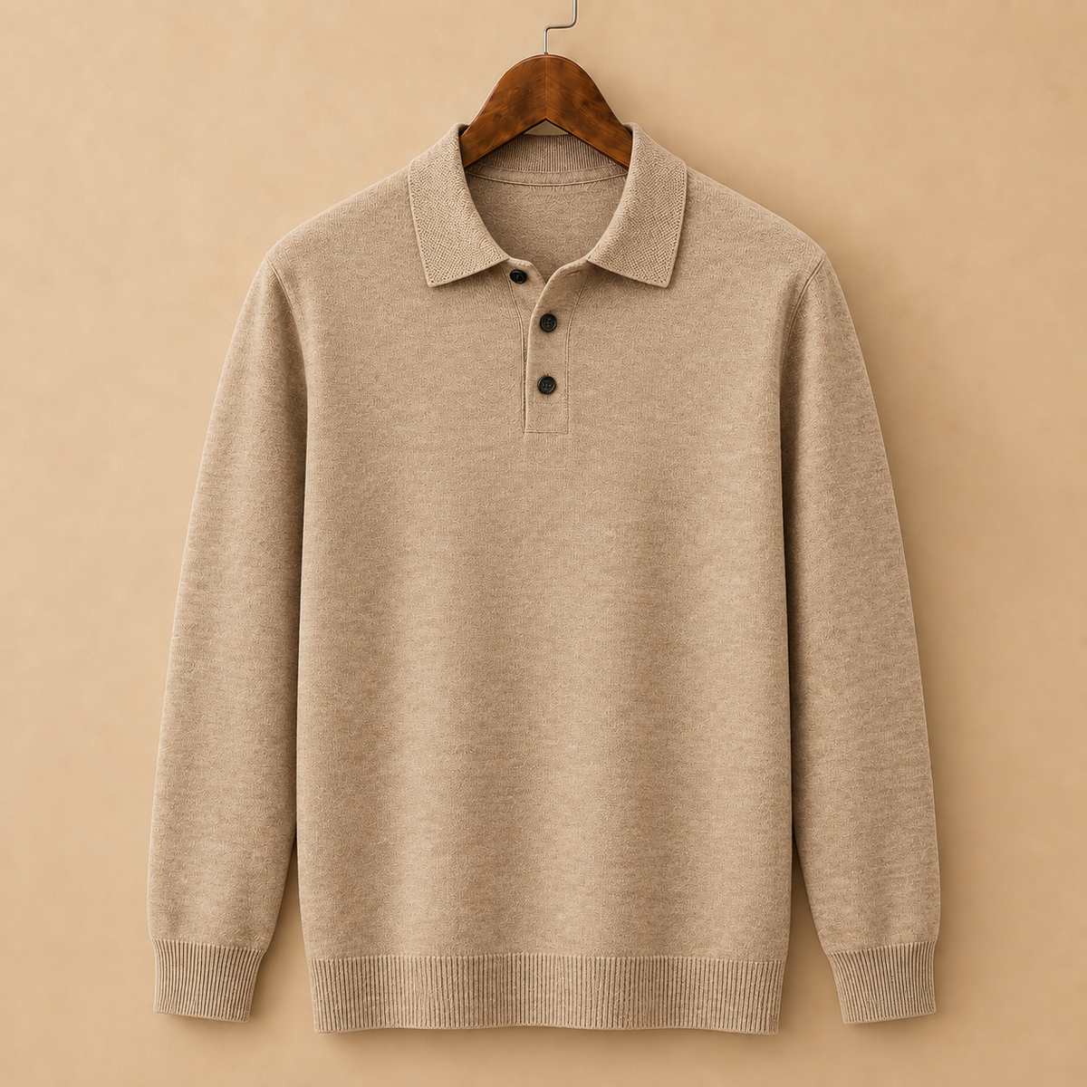 The Aldridge Hooded Sweater in Camel on a hanger