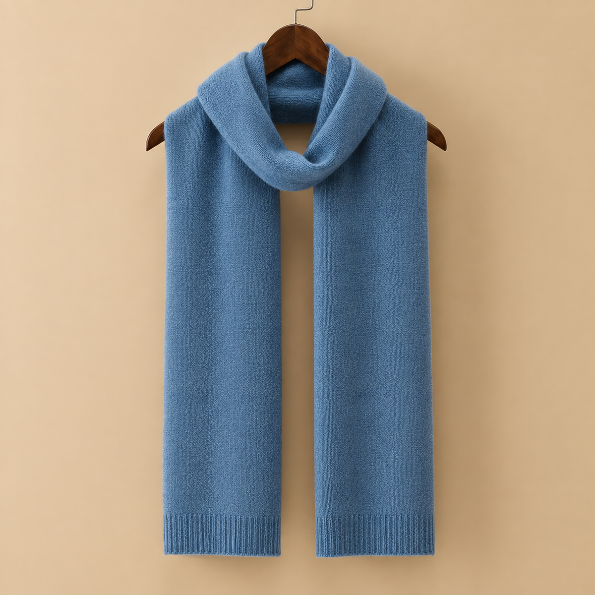 The Cranleigh Cashmere Scarf, fine cashmere knit on a hanger