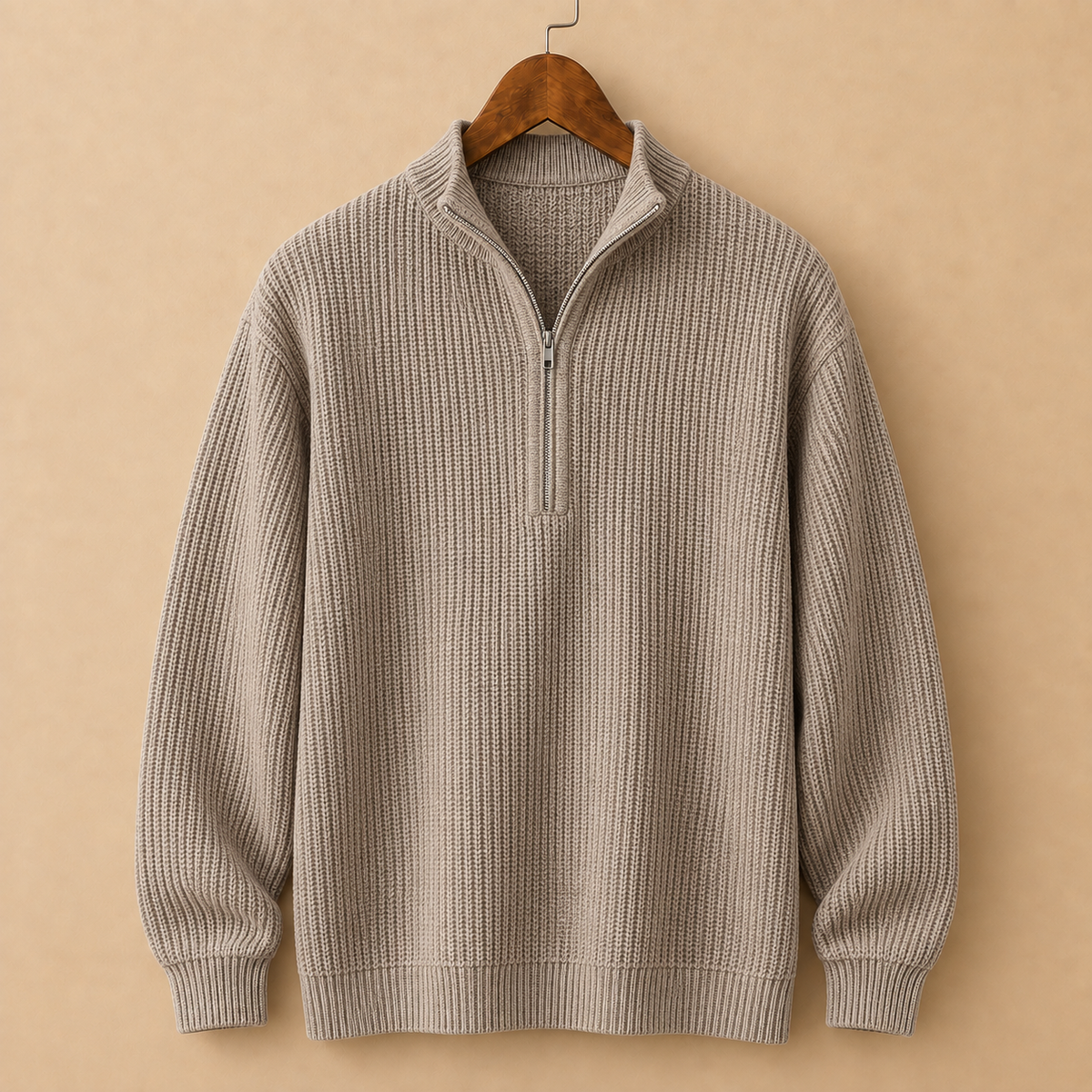 The Penrith Half-Zip Sweater in Grey on a hanger