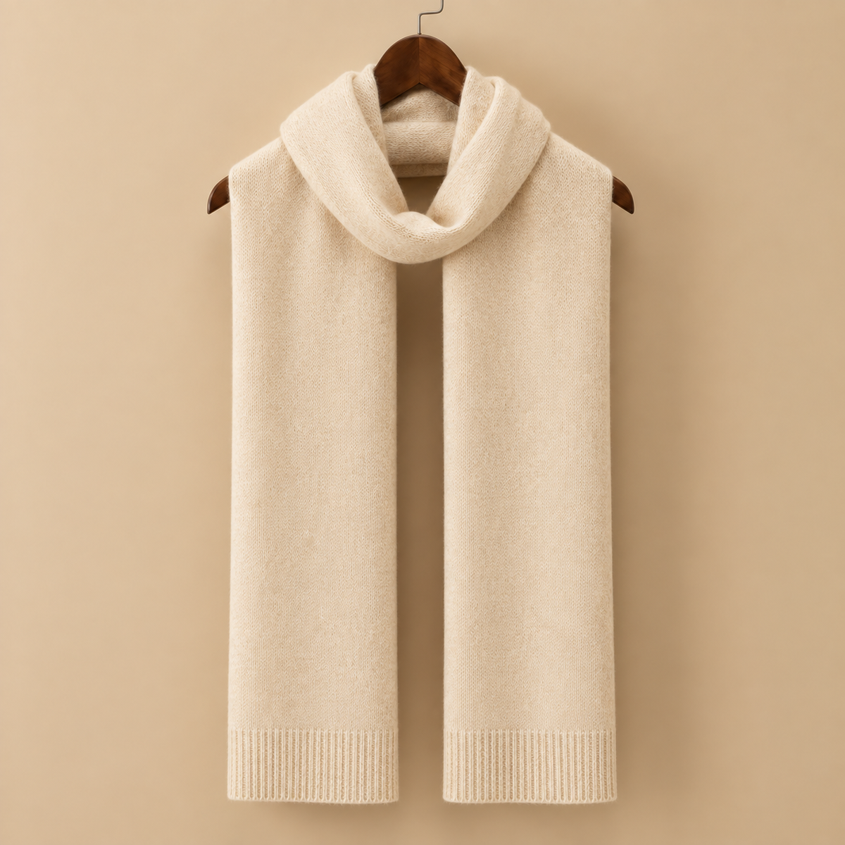 The Cranleigh Cashmere Scarf in Cream on a hanger