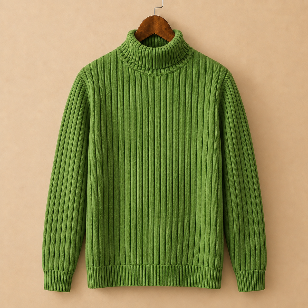 The Fenwick Turtleneck in Forest Green on a hanger