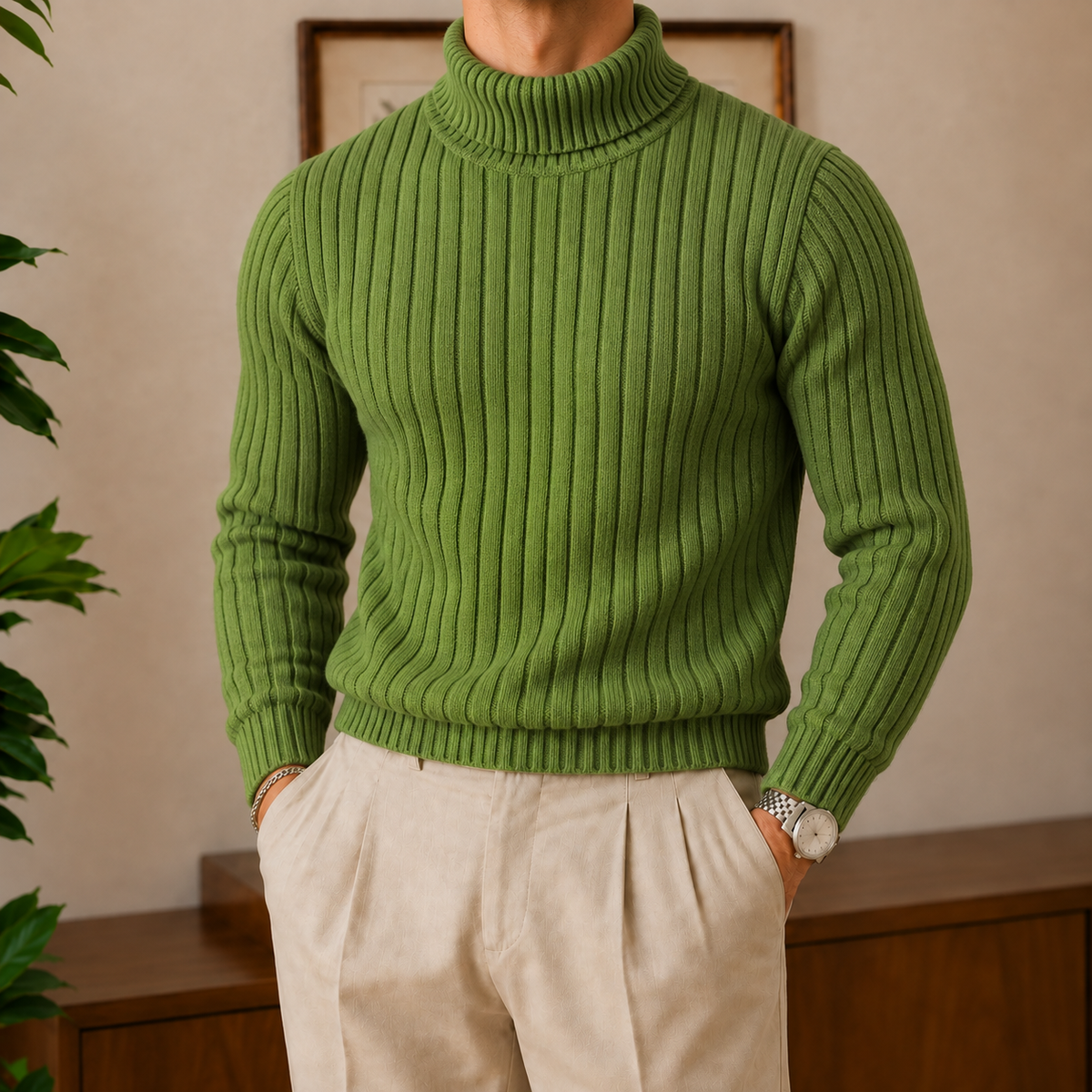 The Fenwick Turtleneck in Forest Green worn on model, men's slim-fit turtleneck sweater