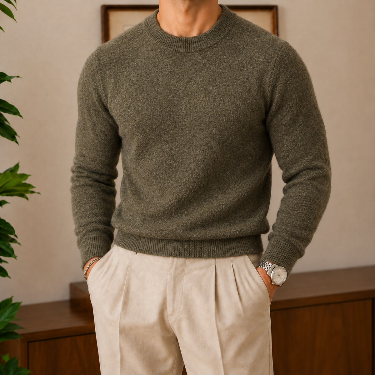 The Alderley Wool Sweater in Olive with cream trousers