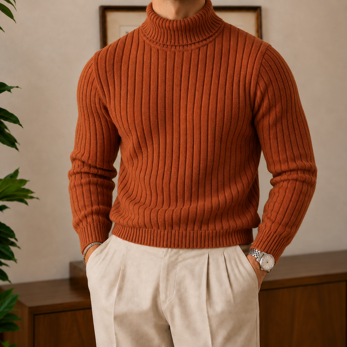 The Fenwick Turtleneck in Camel with cream trousers