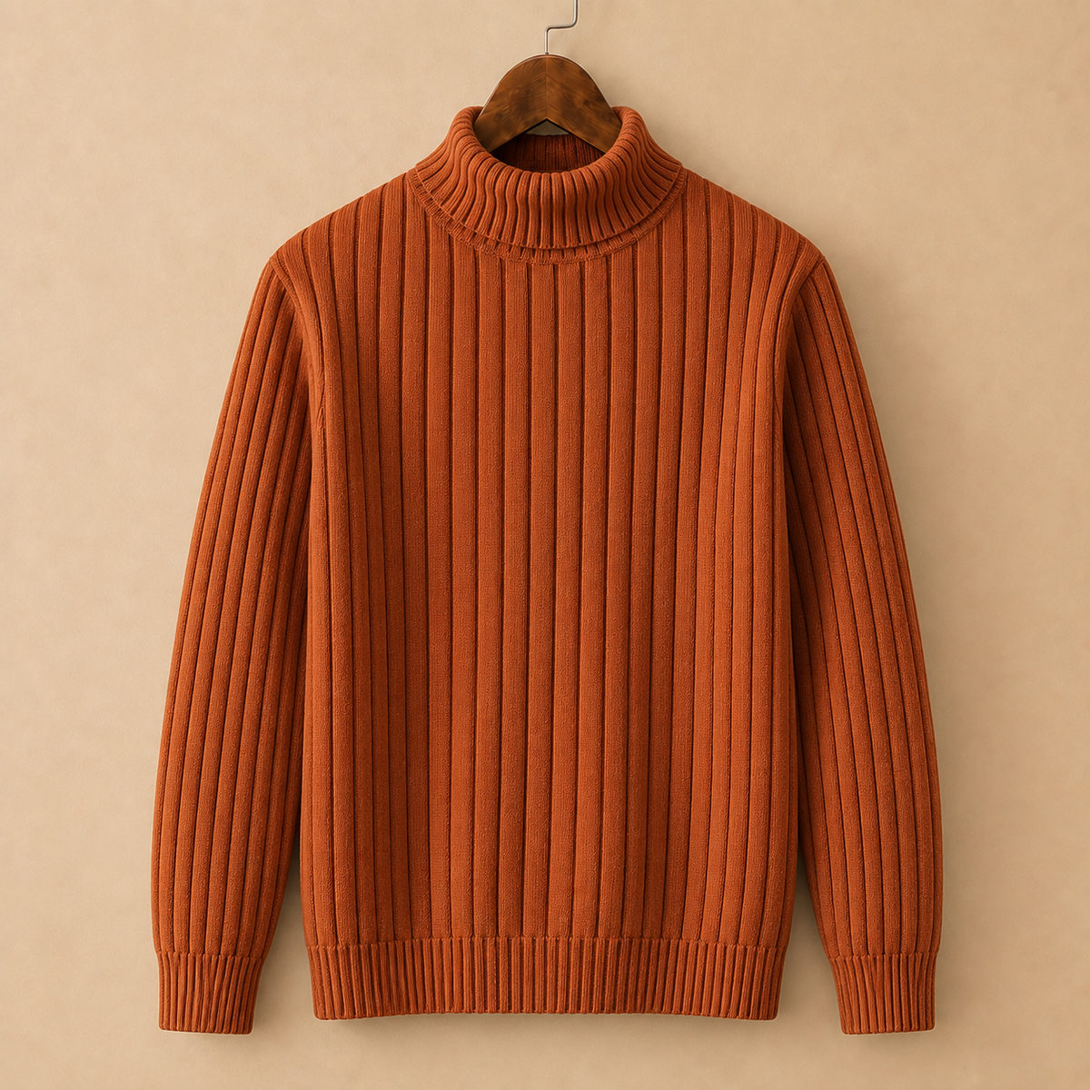 The Fenwick Turtleneck in Camel on a hanger