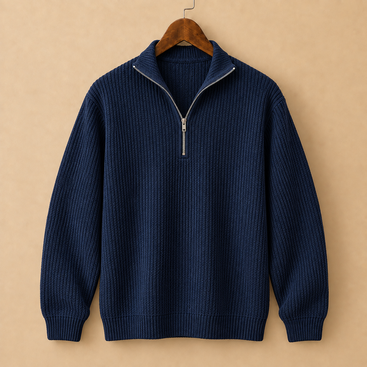 The Penrith Half-Zip Sweater in Navy, half-zip collar detail