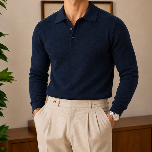 The Aldridge Hooded Sweater in Navy with cream trousers, men's hooded wool-blend knit