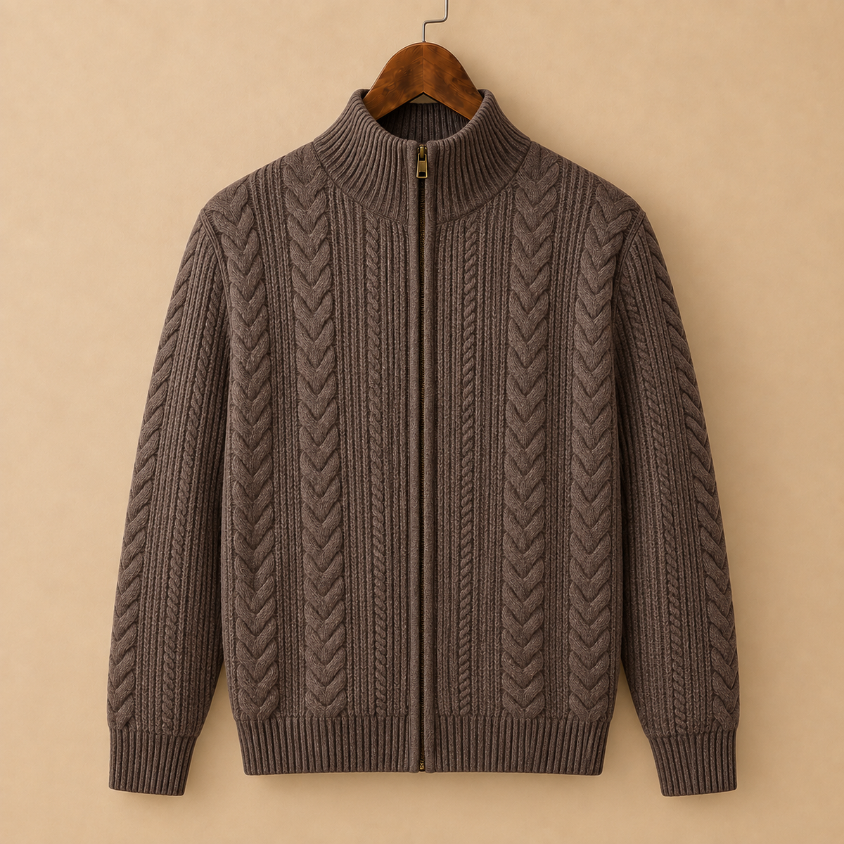 The Thornbury Zip Cardigan in Chestnut, men's cable-knit zip cardigan
