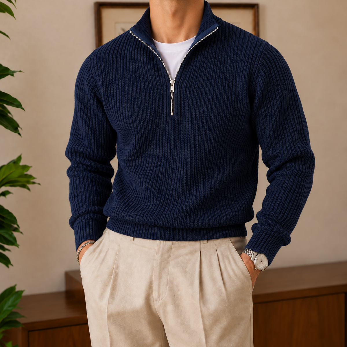 The Penrith Half-Zip Sweater in Navy, men's ribbed stand-collar knit