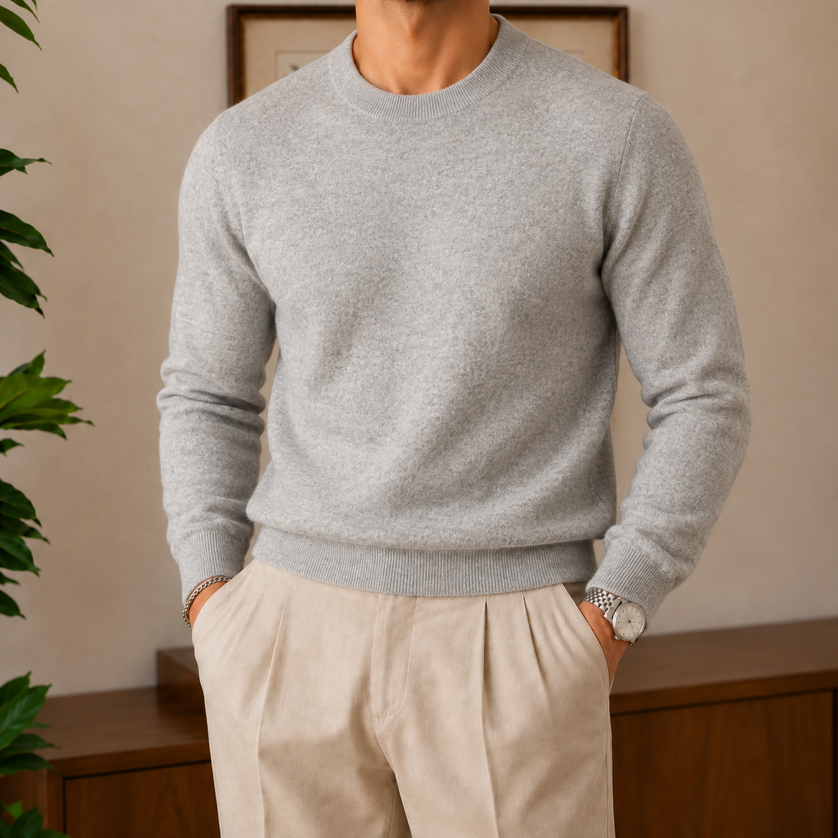 The Alderley Wool Sweater in Grey with beige trousers