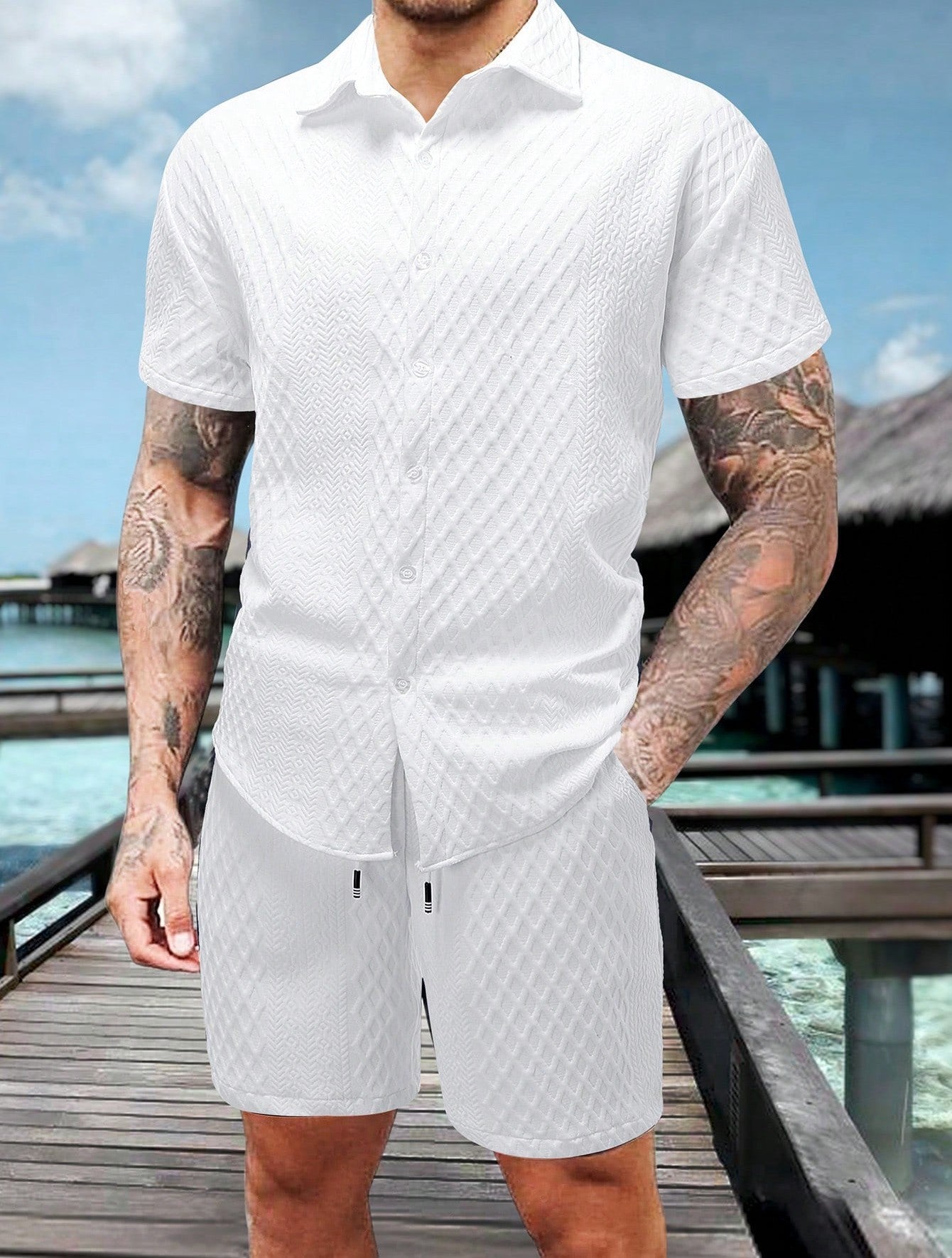 The Cassius Set - Diamond-jacquard weave shirt with matching drawstring shorts
