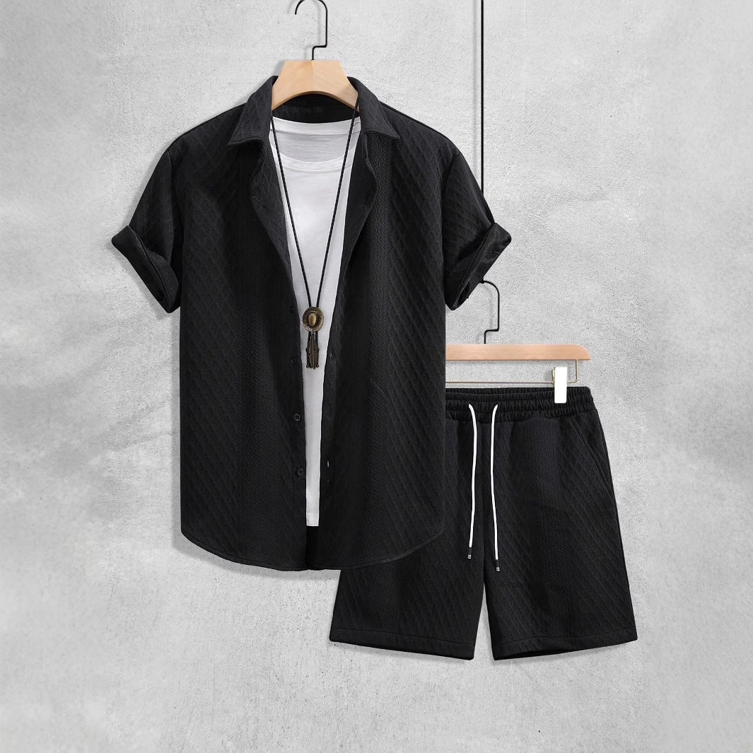 The Cassius Set - Diamond-jacquard weave shirt with matching drawstring shorts