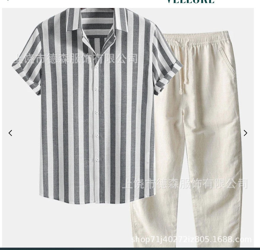 The Amalfi Set - Striped bamboo-blend shirt with matching drawstring trousers