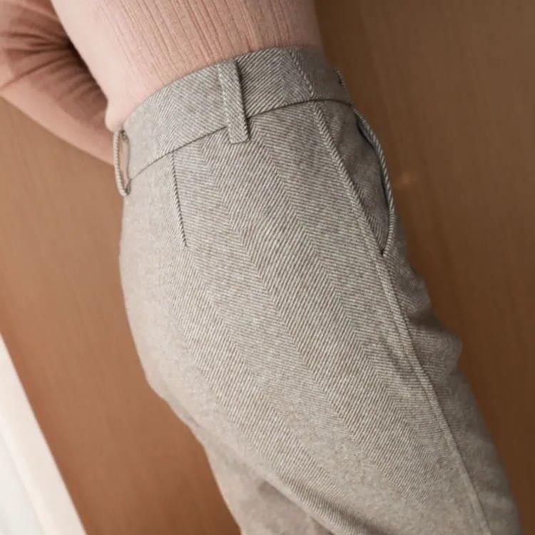 The Kensington Trouser - Herringbone wool-blend with a high waist and slim pencil line