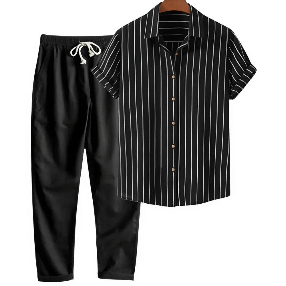 The Amalfi Set - Striped bamboo-blend shirt with matching drawstring trousers