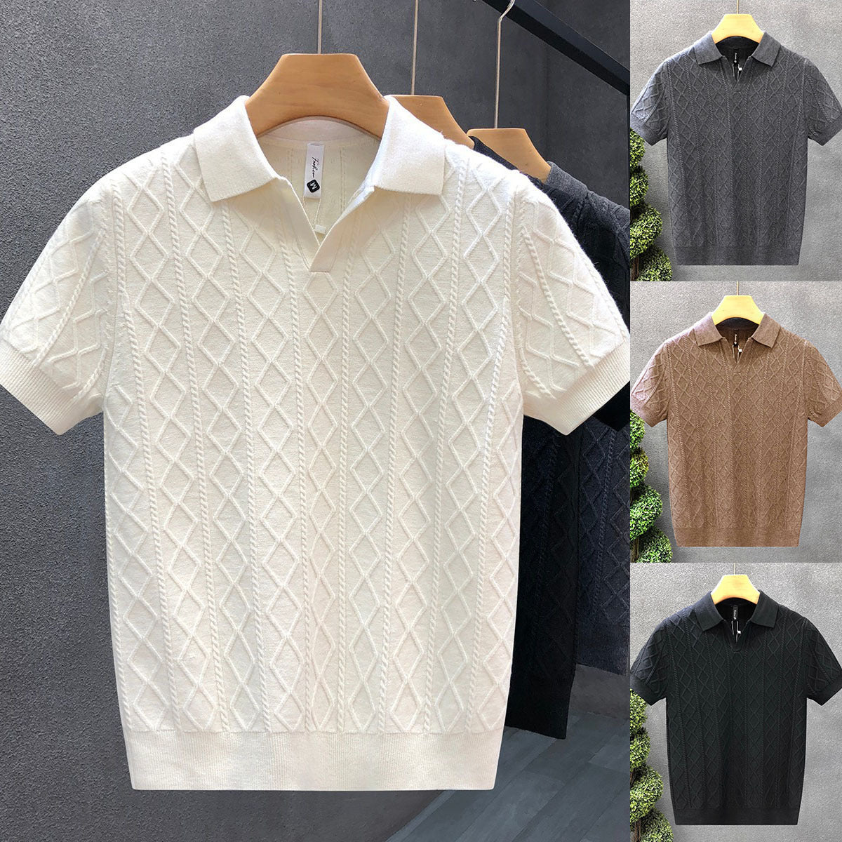 The Whitfield Polo - a richly textured cable-knit polo with a zip placket V-neck