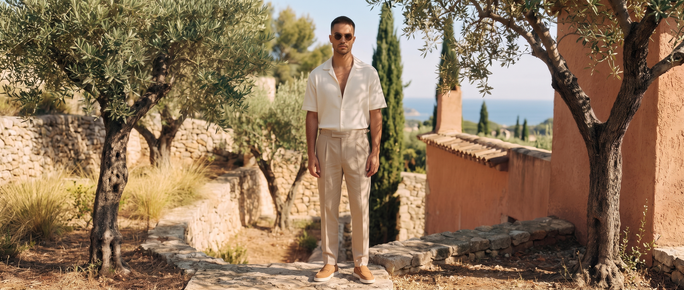 BEARING hero desktop - man in flagship look, Provencal setting