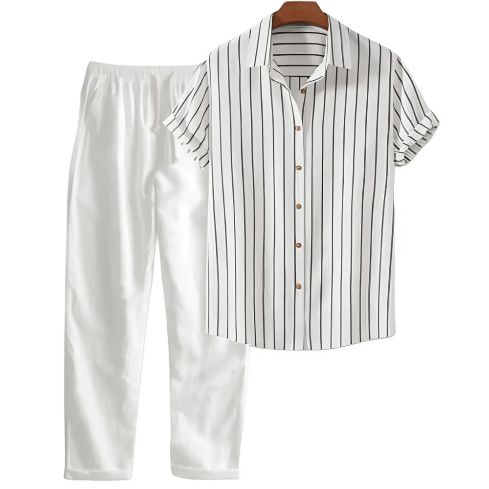 The Amalfi Set - Striped bamboo-blend shirt with matching drawstring trousers