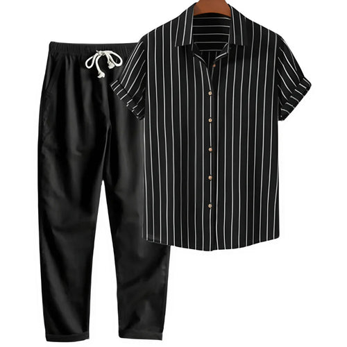 The Amalfi Set - Striped bamboo-blend shirt with matching drawstring trousers